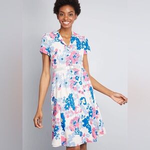 ModCloth Button Down Shirt Dress Pink and Blue Floral Knee Length size Medium